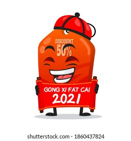 vector illustration of tag mascot or character holding red scroll and says happy chinese new year 2021