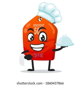 vector illustration of tag mascot or character wearing chef hat and serve food