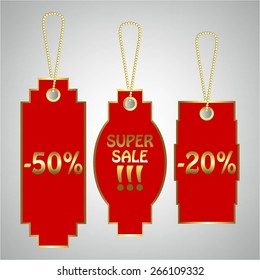 Vector illustration of Tags, labels in red with gold Nadis. Text. Super sale. Discount --20% -50% on a gray background