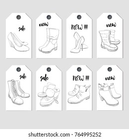 Vector illustration of Tags set with hand drawn shoes,. Graphic footwear for action on shop. Doodle and drawing design.