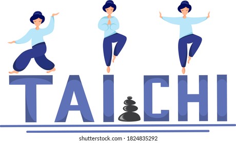 Vector illustration of tai chi exercise. Girls perform tai chi and qigong exercises