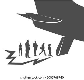 Vector illustration of the tail of a passenger plane on the side with people standing. Isolated image on a white background.