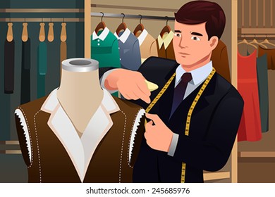 A vector illustration of tailor adjusting clothes on a mannequin