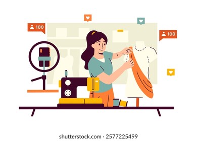 Vector illustration of a tailor blogger showing the process of creating fashionable clothes on camera. Girl sewing clothes and trying them on a mannequin. Interior in a sewing studio. Sewing machine