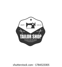 Vector illustration of tailor shop logo with black vintage sewing machine, scissors and star in circle frame isolated on white background