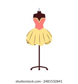 Vector illustration of a tailor's mannequin in a stylish dress with a pink corset with a large neckline and a fluffy yellow skirt with frills on a white background