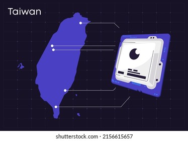 Vector illustration of Taiwan map with computer chip, computer chip production concept