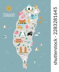 Vector illustration of Taiwan map with famius symbols, landmarks, animals. Colorful design in a flat style for books, posters, cards, souvenirs, magazines