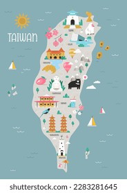 Vector illustration of Taiwan map with famius symbols, landmarks, animals. Colorful design in a flat style for books, posters, cards, souvenirs, magazines