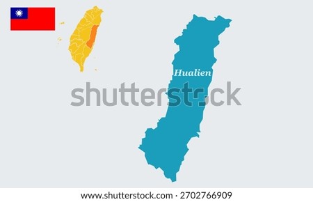 Vector illustration of Taiwan map with Hualien province highlighted and Taiwan national flag. Perfect for educational, travel, geography, and infographic projects. High-quality scalable vector design 