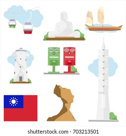 Vector illustration Taiwan travel map with most famous symbols Tapei 101, lighthouse, Queen head rock, mailbox, old ship, cable way, buddha monument and Taiwanese flag