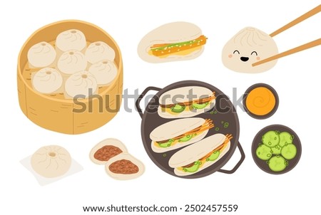 Vector illustration of Taiwanese snack Gua bao. A piece of stewed meat with cucumber and green onion in steamed bao buns. Asian cuisine wallpaper for menu, packaging, cafe, restaurant.