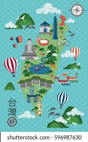 Vector illustration of Taiwan's map and attractions. Chinese calligraphy "Taiwan is good" on bottom left corner. Chinese calligraphy "Wealthy" written on the small floating lanterns upper Buddha.