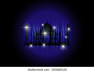 Vector illustration of Taj Mahal an ancient Palace in India, sparkling night representation. One thousand and one night, Arabian night backdrop with stars and blue sky 