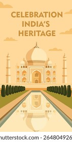 Vector illustration of Taj Mahal in soft palette with Celebration India's Heritage lettering. Symbol of national heritage, architectural beauty, cultural pride of India. Use for postcards, tourism