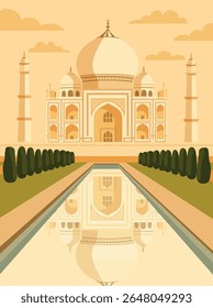 Vector illustration of Taj Mahal in soft palette. Symbol of national heritage, architectural beauty, cultural pride of India. Use for postcards, tourism, poster, website