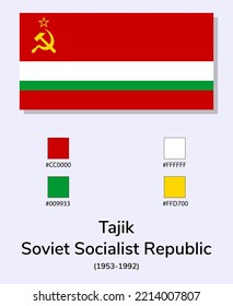 Vector Illustration of Tajik Soviet Socialist Republic (1953-1992) flag isolated on light blue background. Illustration Tajik Soviet Socialist Republic flag with Color Codes.