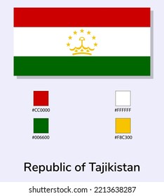 Ilustración vectorial de la bandera de Tayikistán aislada en fondo azul claro. Ilustración de la bandera de la República de Tayikistán con códigos de color. Lo más cerca posible del original.  
