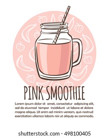 Vector illustration with take away cup with fruit smoothie. Hand drawn cup on pink circle background with doodle banana and strawberry. Recipe card with place for your text. Isolated on white.
