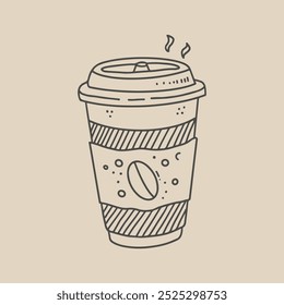 Vector illustration of takeaway coffee cup with lid, featuring coffee bean icon and hand-drawn style details. Perfect for coffee shops, cafes, and food-related projects.