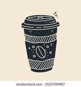 Vector illustration of takeaway coffee cup in monochrome hand-drawn style, featuring coffee bean icon. Ideal for coffee shop branding, cafe menus, and cozy-themed designs.