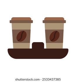 Vector illustration of takeaway coffee for two in solid cartoon style. Coffee-themed event, a cafe menu element. Latte, Espresso, Americano, Cappuccino, Flat, Mocha, Irish, Turkish Coffee