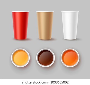 Vector illustration of takeaway drinks in fast food restaurant. Three paper cup in red, brown and white colors front view and top view with liquid