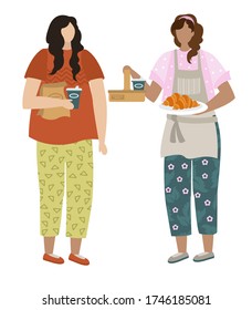 Ilustración vectorial. Llévate y bebe contigo. Entrega de alimentos. El camarero empacó comida y preparó café. Plantilla para postal, volante o banner. Caricatura.