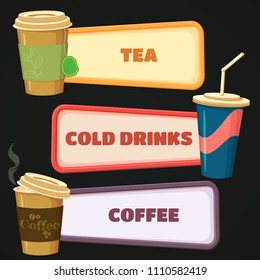 Vector illustration of takeaway signs with drinks icons. Tea paper cup with teabag, soft cols drink cup with a straw and hot coffee cup.