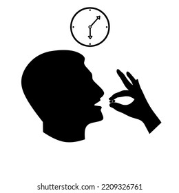 Vector illustration of taking medicine pills on time icon. Head with open mouth and hands holding pills. Isolated on a white background.