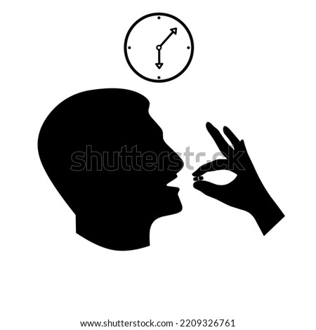 Vector illustration of taking medicine pills on time icon. Head with open mouth and hands holding pills. Isolated on a white background.