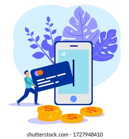 Vector illustration, taking money with ATM cards, finance, digital money market, cryptocoin wallet, stock exchange, online money transfer.