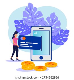 Vector illustration, taking money with ATM cards, finance, digital money market, cryptocoin wallet, stock exchange, online money transfer.
