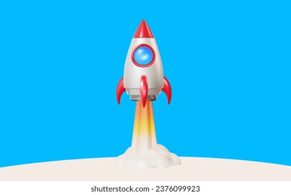 Vector illustration of taking off space ship with flame and cloud smoke on blue sky color background. 3d style design of business startup symbol for web, site, banner, poster