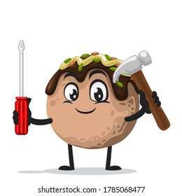 vector illustration of takoyaki mascot or character holding hammer and screwdriver