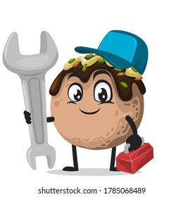 vector illustration of takoyaki mascot or character wearing service costume and holding wrench