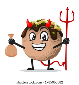 vector illustration of takoyaki mascot or character wearing devil costume and holding trident