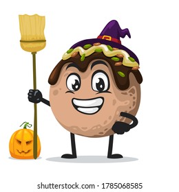 vector illustration of takoyaki mascot or character wearing witch costume and holding broom