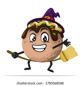 vector illustration of takoyaki mascot or character wearing witch costume and holding broom