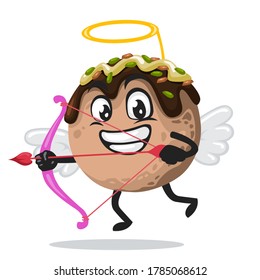 vector illustration of takoyaki mascot or character wearing cupid costume and holding a bow