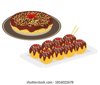 Vector illustration of takoyaki and okonomiyaki. Local food of Osaka.