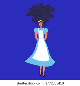 Vector illustration of the tale of Lewis Carol Alice in Wonderland. Beautiful young woman in a long dress with an apron, in shoes, with dark long curly hair. Hairstyle. Beautiful female face, lips