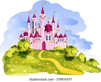 The vector illustration of tale pink princess castle.