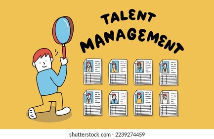 Vector illustration of talent management concept. Candidate resume review by HR human resources hiring manager, employment or searching for talent and new staff.