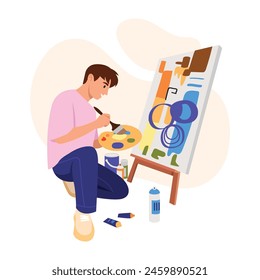 Vector illustration of a talented artist. Cartoon scene artist paints creative abstraction on canvas, easel, palette with bright colors, brush, tubes of paints, spray can isolated on white background.