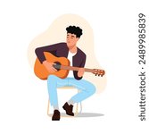 Vector illustration of a talented guy playing the guitar. Cartoon scene of a handsome musical performer sitting on a chair and playing a stringed musical instrument isolated on a white background.
