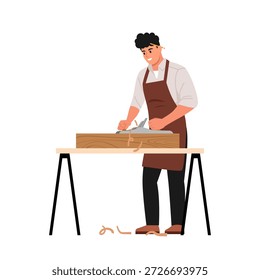 Ilustración vectorial de un talentoso maestro carpintero. Escena de dibujos animados de un carpintero sonriente usando una lijadora eléctrica en madera, mesa, virutas de madera, lápiz detrás de la oreja aislado sobre fondo blanco.