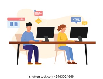 Vector illustration of talented programmers.Cartoon scene of programmers boy and girl sitting at a computer, creating HTML, code for displaying web pages, sites, programs isolated on white background.