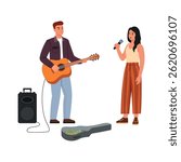 Vector illustration of talented street musicians. Cartoon scene: girl singing into microphone, guy playing electric guitar, music speaker, guitar case with money isolated on white background.