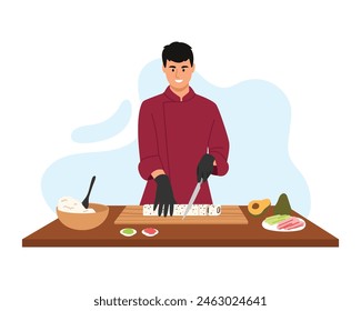 Ilustración vectorial de un talentoso artista de sushi. Escena de dibujos animados de chef de sushi en uniforme, con guantes negros, de pie en la mesa y el corte de sushi, tazón con arroz, aguacate, atún, jengibre y wasabi.